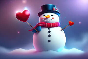 Snowman with Heart in Winter Christmas Landscape Generative AI