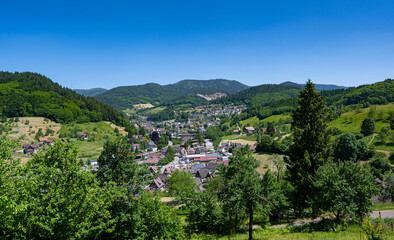 Fototapeta na wymiar View of Ottenhoefen in the acher valley. Black Forest, Baden-Wuerttemberg, Germany, Europe
