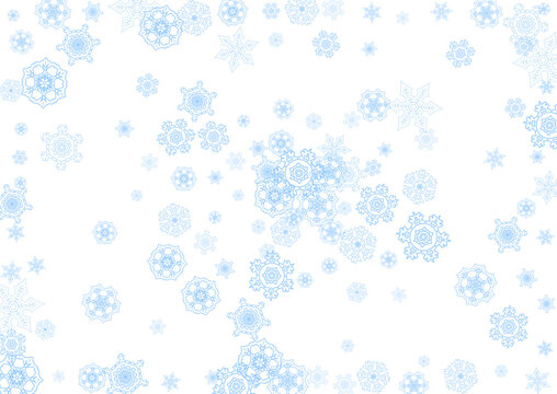 Winter frame with blue snowflakes for Christmas and New Year celebration. Horizontal winter frame on white background  for banners, gift coupons, vouchers, ads, party events. Falling frosty snow.