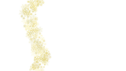 Glitter snowflakes frame on white horizontal background. Shiny Christmas and New Year frame for gift certificate, ads, banners, flyers. Falling snow with golden glitter snowflakes for party invite