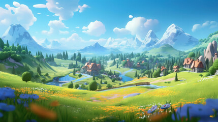 A beautiful place with a blue sky and green meadows