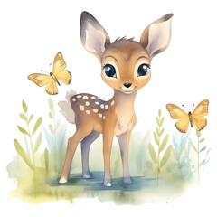 Watercolor vector cute baby deer with butterflies