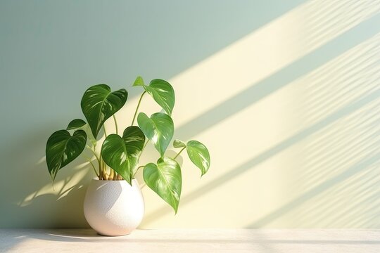 0481. Pothos in front of light pastel wall. Generative AI
