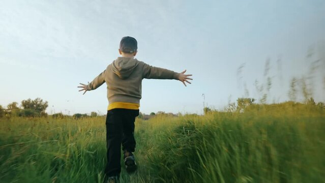 A child runs through the green grass on a sunny day, view from the back.