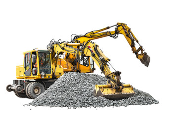 Wheel excavator with wide bucket isolated on white background. A powerful excavator with a loader close-up unloads crushed stone or gravel. Rental of construction equipment. design element.