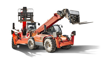 Two powerful wheel loaders with a telescopic mast on a white isolated background. Construction equipment for lifting and moving loads. Forklift. Element for design.