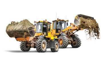 Two large wheel loaders with sand in a bucket at a construction site. Transportation of bulk materials. Rental of construction equipment. Isolated loader on a white background. - obrazy, fototapety, plakaty