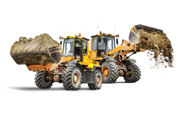 Two large wheel loaders with sand in a bucket at a construction site. Transportation of bulk materials. Rental of construction equipment. Isolated loader on a white background.