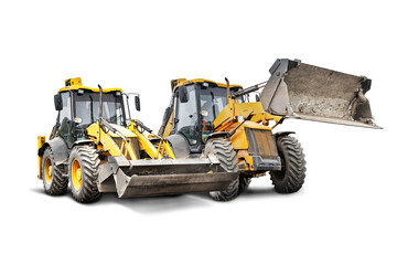 Two heavy front loaders or bulldozers on a white isolated background. Construction equipment and transport. Transportation and movement of bulk materials. Excavation. Element for design.