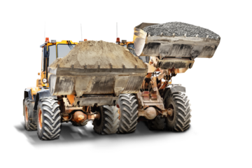 Two heavy front loaders or bulldozers on a white isolated background. Sand and gravel in a large bucket. Construction equipment. Transportation and movement of bulk materials.