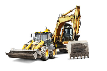 Excavator and bulldozer loader close-up on a white isolated background.Construction equipment for...