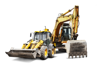 Excavator and bulldozer loader close-up on a white isolated background.Construction equipment for earthworks. element for design.