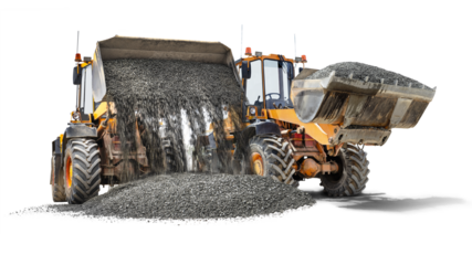 Powerful wheel loaders or bulldozers on a white isolated background. Loaders pour crushed stone or gravel from the bucket. Two loaders unload gravel. Rental of construction equipment.