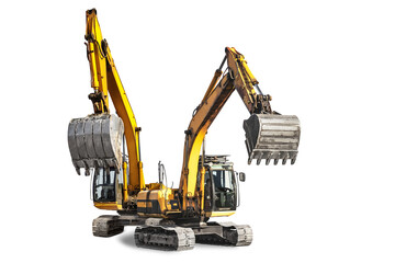 Two powerful excavators isolated on white background. Powerful excavator with an extended bucket...