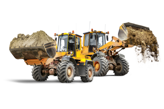 Two large wheel loaders with sand in a bucket at a construction site. Transportation of bulk materials. Rental of construction equipment. Isolated loader on a white background.
