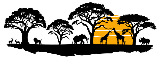 Africa Safari Savanna landscape background for logo - Black silhouette of wild animals, trees and sun, isolated on white background (Generative Ai)