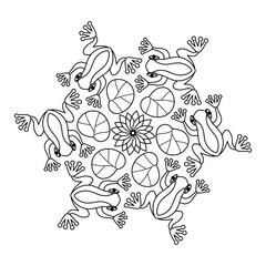 Mandala with Frogs. Coloring book page. Vector illustration.