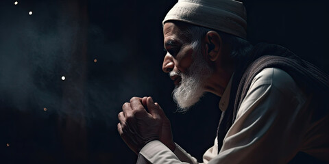Fototapeta na wymiar Muslim man praying on dark night background. Generative AI