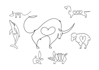 Silhouettes of different animals in one line, a collection of simple recognizable vector illustrations, bull, art, dolphin, rabbit, mutton, pig, dog, isolated design elements, linear logo objects