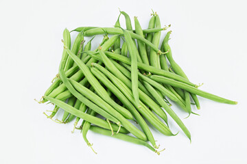 Bundle of fresh green beans on white background. Space for text.