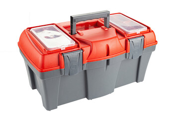 Plastic toolbox with red top isolated on white background.