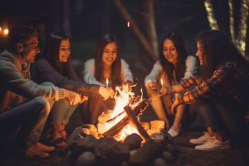 Friends sitting around a campfire and roasting marshmallows, Friends, Friendship day Generative AI
