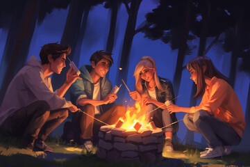 Fototapeta premium Friends sitting around a campfire and roasting marshmallows, Friends, Friendship day Generative AI