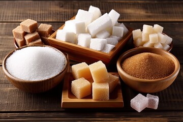 Various Types Of Sugar On Wooden Table - Powered by Adobe