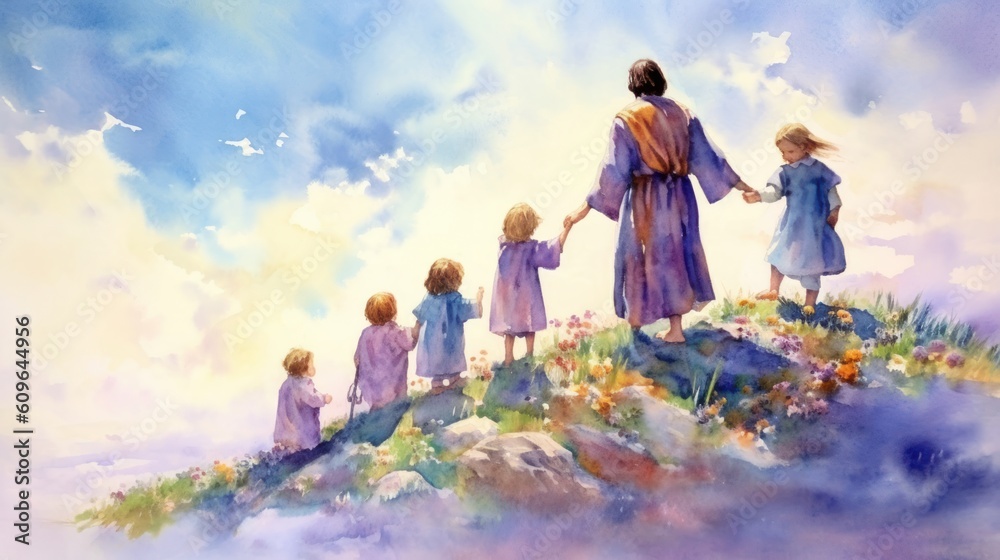 Canvas Prints Jesus and children on top of a hill