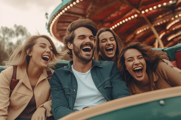 Fototapeta premium Group of friends having a fun-filled day at an amusement park, Friends, Friendship day Generative AI