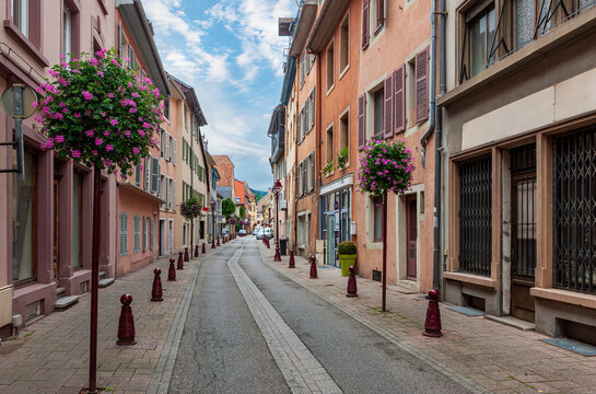 Streets of the medieval town of Thann, Alsace, France