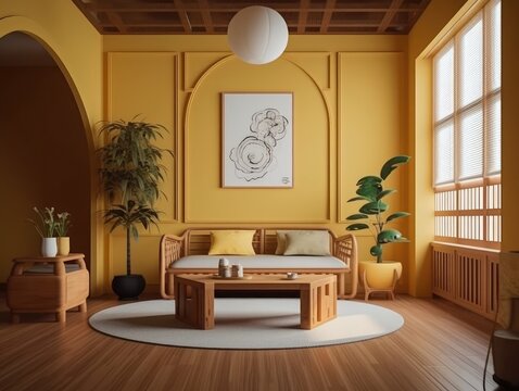 Yellow Japanese style living room with wooden decoration. Generative AI