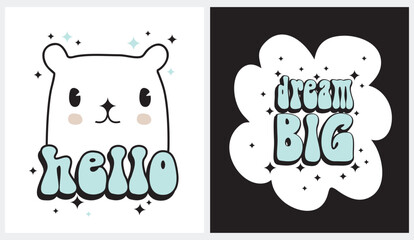 Cute Nursery Vector Illustrations with Sweet Polar Bear and Black-Blue Hello on a White Background. Print with 