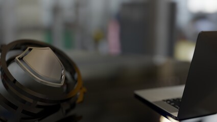 Futuristic Information Hub: AI-Powered Design on Blue Background. Office View with Copy Space and Network Background. Techno Polygonal Elements for a Travel-Infused Texture. Perfect for Corporate Pano