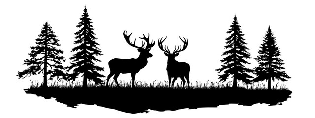 Black silhouette of deer and forest fir trees camping landscape panorama illustration icon vector for logo, isolated on white background (Generative Ai)