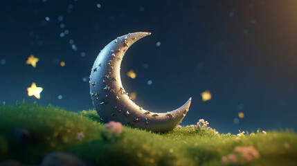 Fototapeta na wymiar 3D Crescent Moon Illuminating a Colorful Night Sky