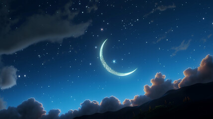 Fototapeta na wymiar Crescent moon against a mesmerizing sky islamic background created with generative ai