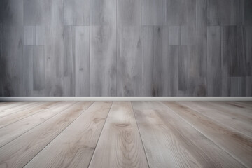Wooden floor in front of a gray wall with wooden planks