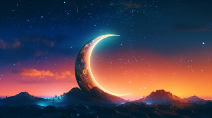 Obraz na płótnie Canvas Crescent moon against a mesmerizing sky islamic background created with generative ai