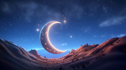 3D Crescent Moon Illuminating a Colorful Night Sky