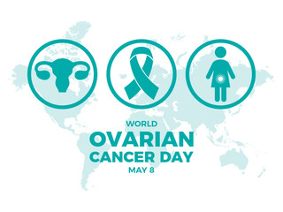 World Ovarian Cancer Day vector illustration. Ovaries, teal cancer awareness ribbon, female reproductive health round icon set vector. May 8 every year. Important day