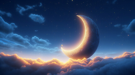 3D Crescent Moon Illuminating a Colorful Night Sky