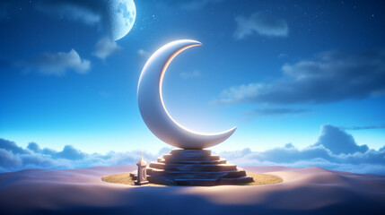 Obraz na płótnie Canvas 3D Crescent Moon Illuminating a Colorful Night Sky