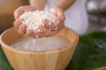 Preparing sticky rice in steamer for cook ,Sticky rice with mango , glutinous rice , northeastern...