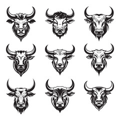 Bull head logos, silhouette set, black icon, mascot, bull silhouette, animals vector illustration