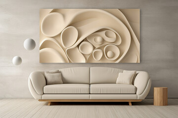 White couch on white wall with abstract art. Minimalist design and interior decoration concept. Generative AI.