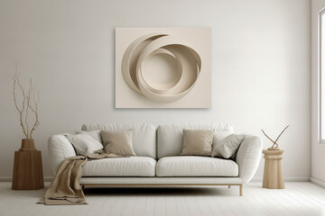 White couch on white wall with abstract art. Minimalist design and interior decoration concept. Generative AI.