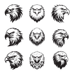 Eagle head logo, silhouette set, black icon, mascot, eagle silhouette, birds vector illustration
