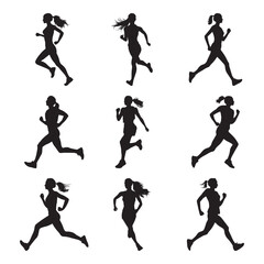 Running women, vector set of isolated silhouettes