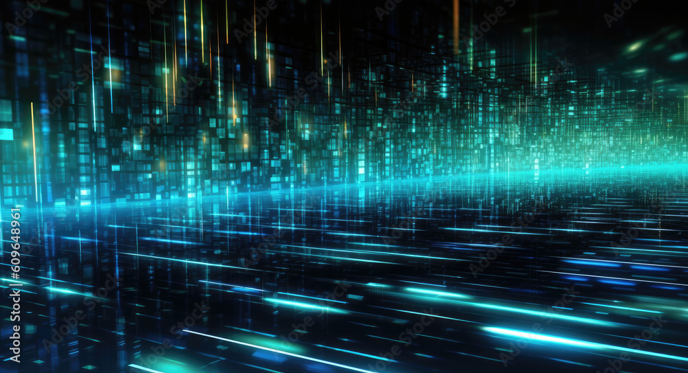 Poster futuristic technology background with glowing lines and particles.